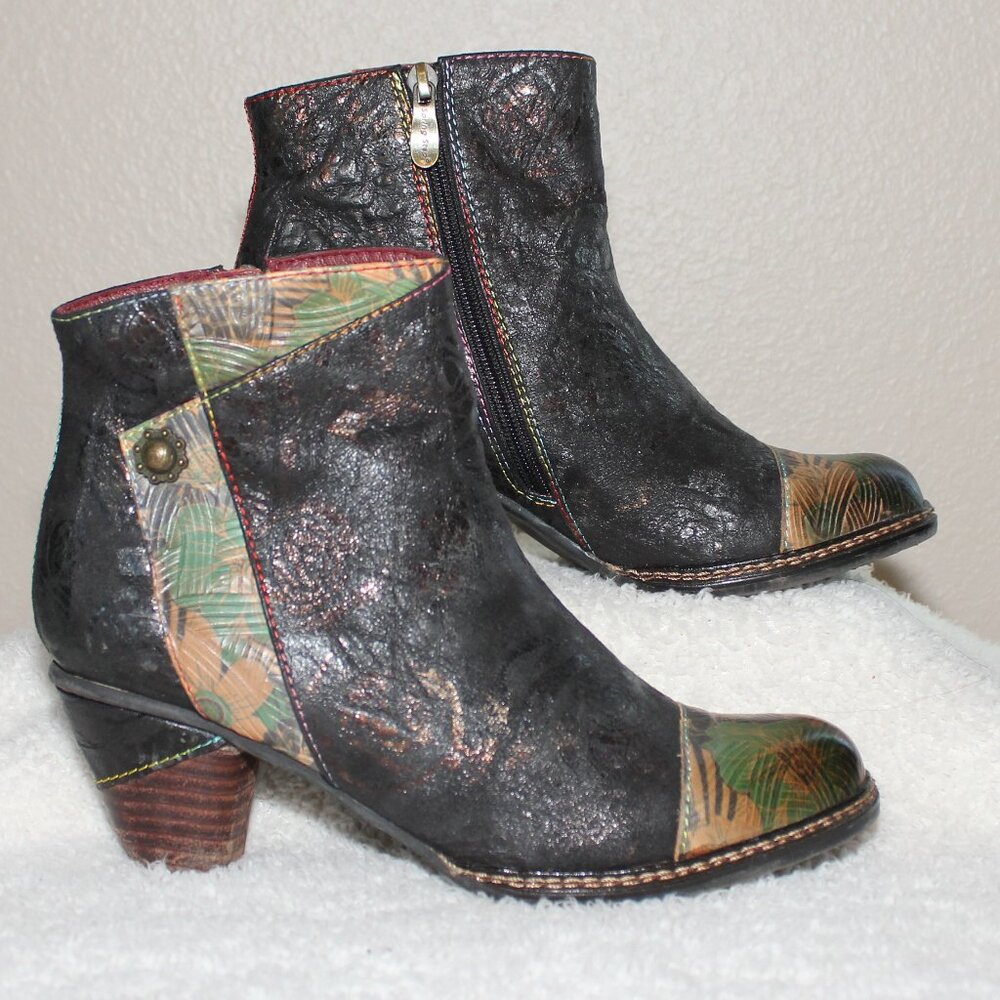 Spring Step Black Ankle Boots with Multicolor Accents